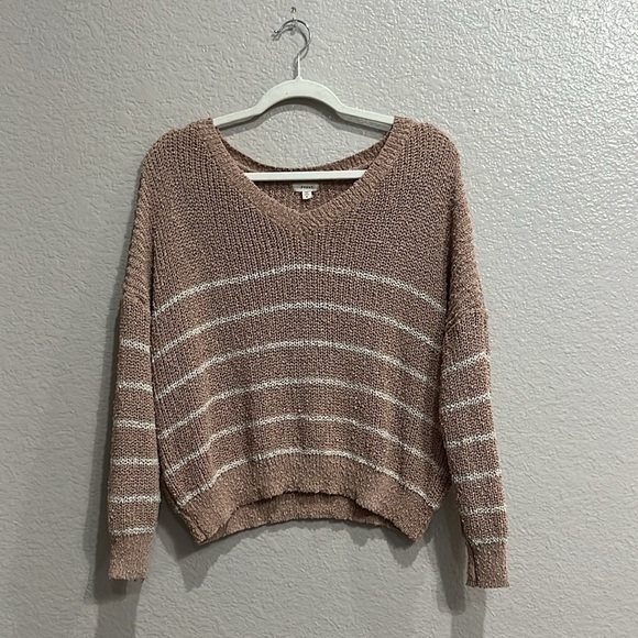 Debut Women’s Cropped Knit Sweater Long Sleeve Striped V Neck Size Small Blush - Picture 9 of 9